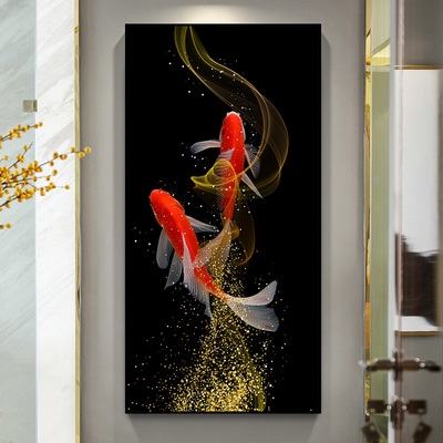 日本购九龙门口入户r九j鱼玄关装饰画竖版鱼9鱼图挂画轻奢玄幻壁