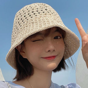 短发适合戴的帽子夏季草帽显脸小女针织透气渔夫帽网红遮阳防晒帽