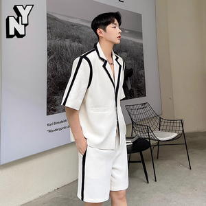NY小香风西装套装男士夏季设计感时尚痞帅短袖短裤潮流韩版两件套