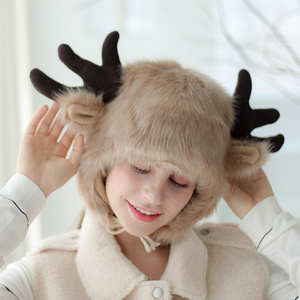 2222k毛绒鹿角帽子秋冬季百搭l麋鹿护耳保暖东北雷锋帽女可爱圣a.