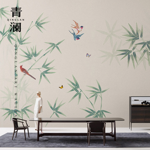 墙布新中式竹子花鸟壁布背景墙客厅卧室床头现代墙纸定制壁画茶室