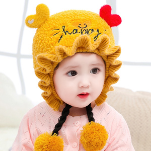 女宝b宝假发帽j子可爱超萌带小辫子的冬天一两岁婴儿护耳针织毛线