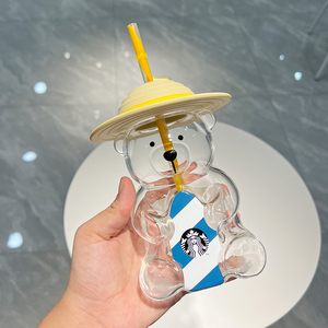 韩国星巴克杯子2022夏日海洋橙黄小熊玻璃吸管杯卡通耐热吸管杯