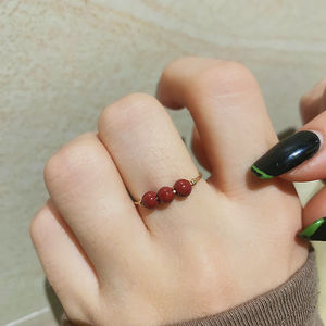 朱砂戒指女款三粒小紫金天然手工轻奢14k包金本命年转运珠指环潮