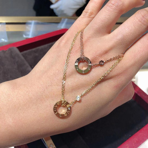 cartier/卡地亚love系列玫瑰金黄/白金镶钻圆饼项链吊坠锁骨链女