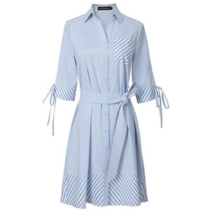 日本购赵丽颖同款条纹连衣裙衬衫x拼接中裙子小清新蓝白明星袖女