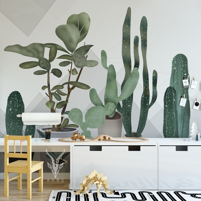 个性定制北欧小清新手厅仙人掌几何墙纸墙绘电视背景w无缝客布壁
