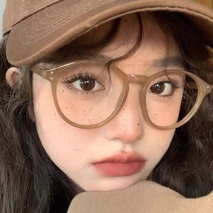 韩系奶茶色米钉圆形眼镜框素颜大脸平光镜潮女网红眼镜架近视学生
