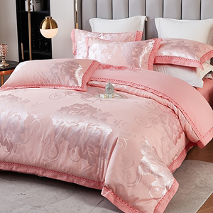 高级感贡缎全棉四件套纯棉床单被套提花丝绸被罩粉色结婚床上用品