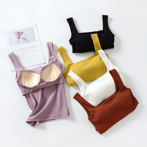 i纯棉罩杯一体方领背心女u自带胸垫方形一字领吊带内衣修身打底衫