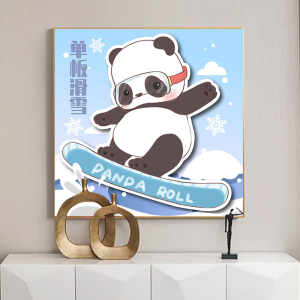 调皮熊猫滑雪 diy数字油画冬天冰雪运动卡通定制手绘丙烯装饰挂画