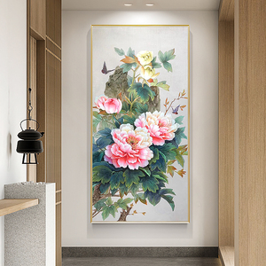 新中式玄关牡丹花装饰画竖幅现代房间挂画背景墙画凤之舞手绘油画