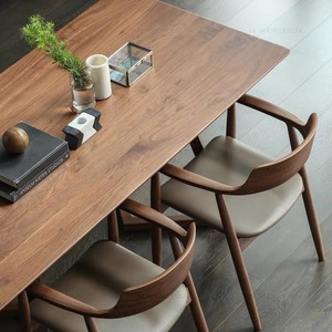 轻奢实木长条餐桌原木圆桌茶几咖啡北欧靠背扶手多人广岛桌椅组合