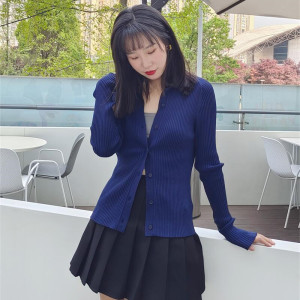 sunbs(服饰)小香风显瘦天蓝色墨蓝色开衫外套春夏修身针织百搭