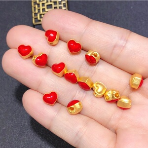 日本购999黄金爱心吊坠3dj硬足金车花拉丝烤漆红色桃心形女款锁