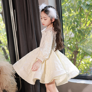 秋冬季香槟色长袖花童婚礼小女孩礼服女童公主裙高端儿童钢琴演奏