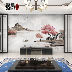 新中式3d立体山水人家电视背景墙布江南水乡客厅影视墙纸茶室壁纸