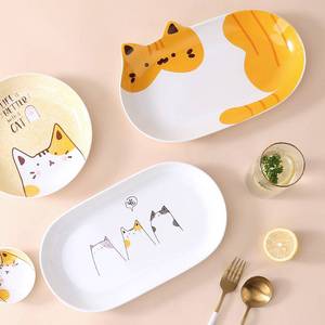 猫咪盘子陶瓷碗餐具套装创意卡通可爱图案乔迁家用手绘面菜盘