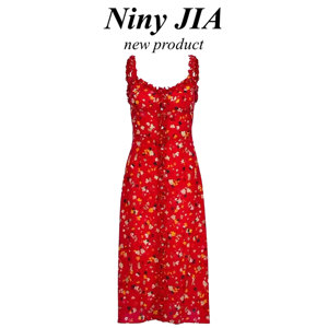 Niny JIA明星同款红色吊带碎花连衣裙夏季款法式茶歇裙荷叶边长裙