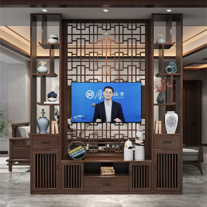 新中式电视柜实木屏风隔断客厅一体电视墙背景墙遮挡镂空格栅原木