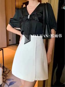 熙雨韩淑女风短袖衬衫女夏季气质v领蝴蝶结别致绝美泡泡袖上衣