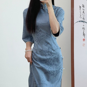 锦绣依人蓝色改良版旗袍大码新中式倒大袖复古民国风日常可穿中袖