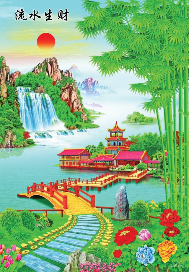 新品年画装饰画山水瀑布画竖幅w客厅墙画玄关走廊无框画风景画中