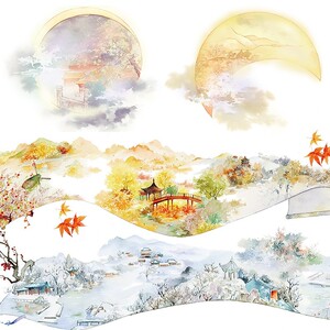网红和纸胶带古风四季造景手帐拼贴素材手账胶卷社团贴纸特油整卷