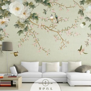 现代中式墙纸客厅电视背景墙壁纸风景花鸟水墨墙布壁画简约中国风
