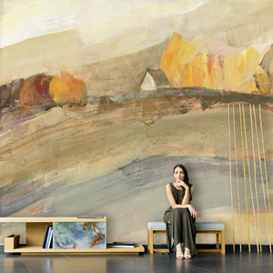 北欧抽象秋天风景房子油画壁纸客厅电视背景墙纸无缝壁画卧室墙布