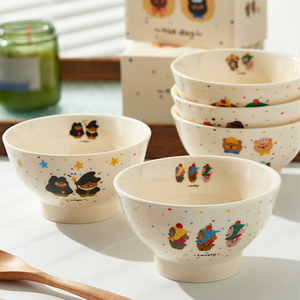 高颜值波兰彩色波点5寸碗可爱卡通小熊陶瓷家用米饭碗情侣亲子碗
