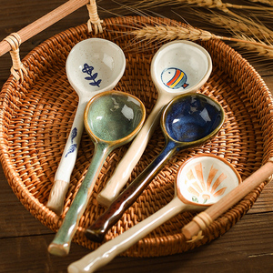 日式可爱小汤勺家用创意手绘陶瓷小勺子吃饭喝汤调羹汤匙粗陶汤勺
