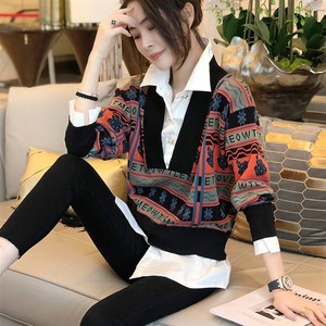 衣恋女王服饰2022假两件针织衫毛衣衬衫秋装套头洋气时髦拼接