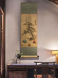 新中式丝绸卷轴挂画玄关竖版茶室山水字画客厅餐厅背景墙装饰壁画