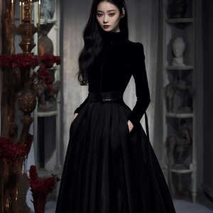 冬季内搭配大衣超显身材的气质修身高领收腰黑色长袖连衣裙子女装