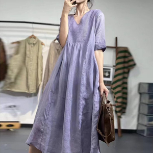 紫色孕妇装夏款棉麻连衣裙夏装2024新款法式高级感五分袖A字裙子