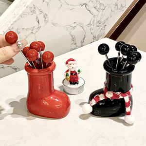 圣诞红鞋子创意水果叉家用可爱不锈钢水果签甜品蛋糕叉陶瓷收纳罐