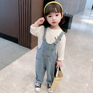 女童牛仔裤秋装洋气儿童背带裤休闲小女孩长裤春秋女宝宝背袋裤子