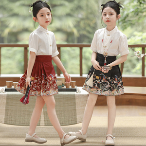 女童汉服短款马面裙套装2024新中式夏季新款中国风古装百褶半身裙