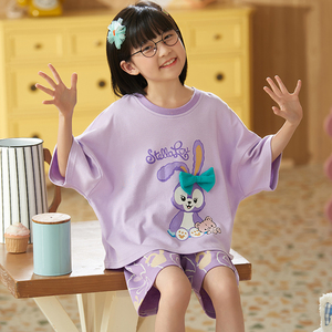 夏季纯棉短袖睡衣儿童薄款女童9-12岁女孩甜美少女宽松家居服套装