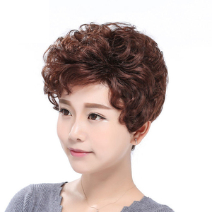 假发女短发全头套中老年妈妈真发纹理烫蓬松自然修脸递针短卷发