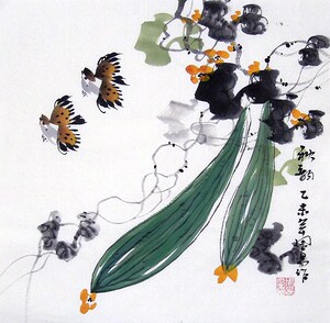 日本购周易写意花鸟国画小h品.秋韵.丝瓜c(一尺斗方)