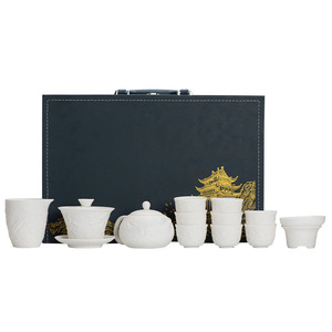 羊脂玉瓷功夫茶具套装批发家用全套陶瓷盖碗茶杯浮雕泡茶商务礼品