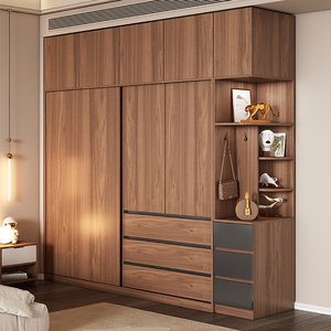 双虎家私官方木纹色衣柜推拉门移门家用卧室现代简约整体北欧实木