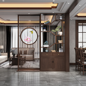 新中式实木刺绣屏风入户玄关隔断客厅书房餐厅定制抽屉置物架面