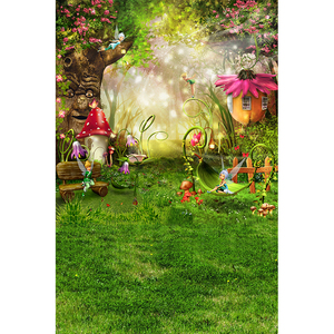 蘑菇城堡儿童油画背景布童话森林梦幻绿色纪念照背景布拍照拍摄道具mh