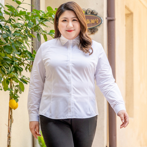大码白衬衫女胖mm加肥职业正装工作服v领工装200斤宽松长袖衬衣春