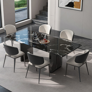 高端天然黑玫瑰奢石餐桌家用轻奢高级感长方形悬浮大理石餐桌椅
