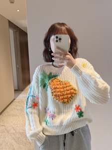 大码韩国女装2024秋季新款精致重工立体钩花菠萝花朵粗棒针织毛衣