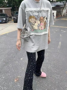 大码韩国女装夏季新款胖mm印花短袖T恤+碎花显瘦弹力喇叭裤套装女